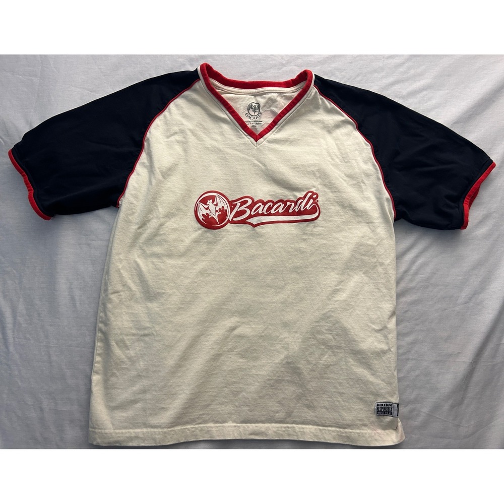 Bacardi Rum Mens Jersey T-Shirt Large Cream Black Red Raglan V-Neck Promo 62
